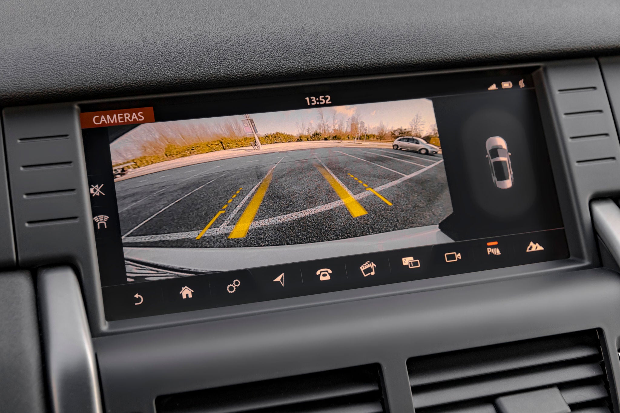 Close ups hot of modern car rear view parking camera display on the dashboard