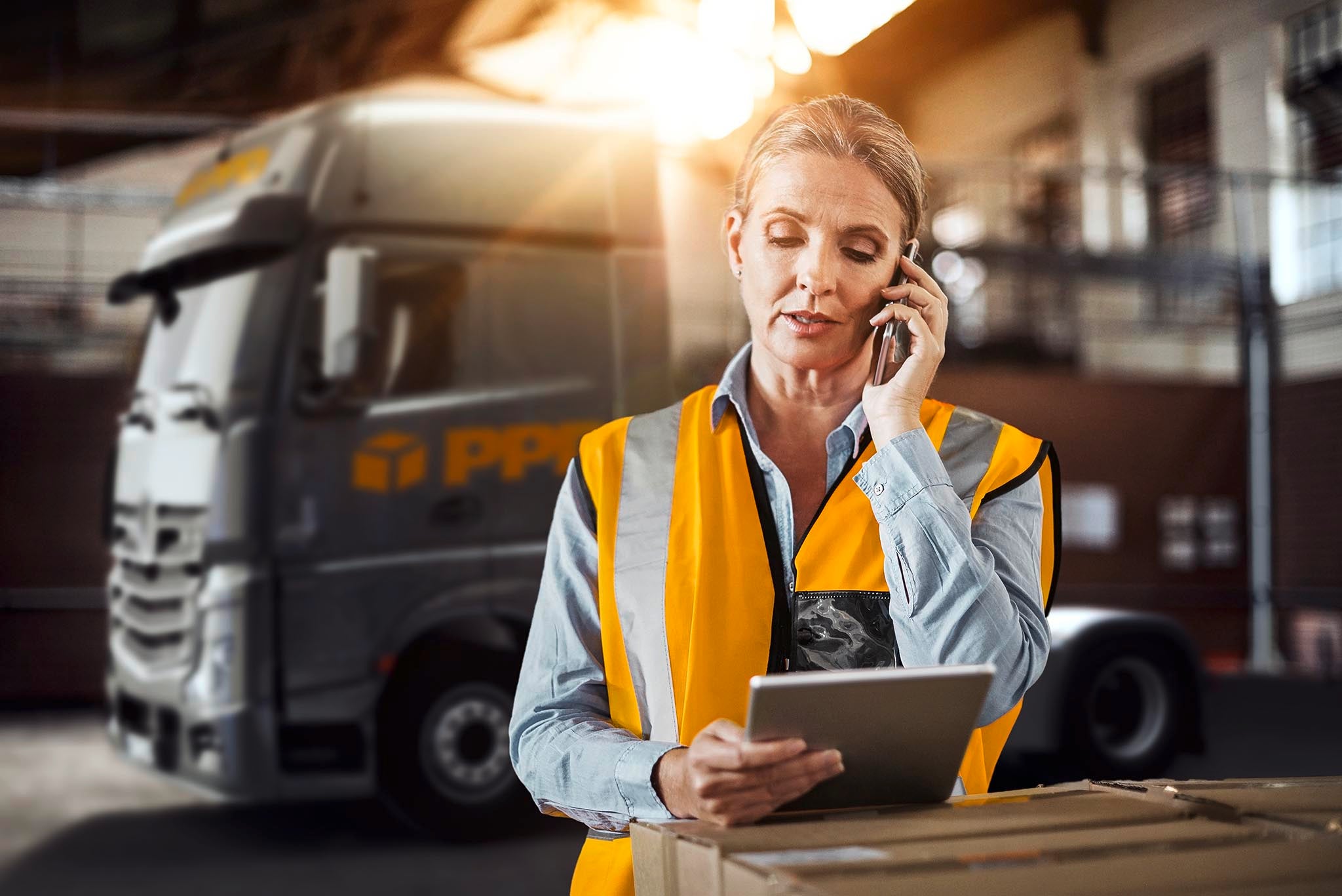 Shot of a mature woman using a mobile phone and digital tablet while working in a warehouse