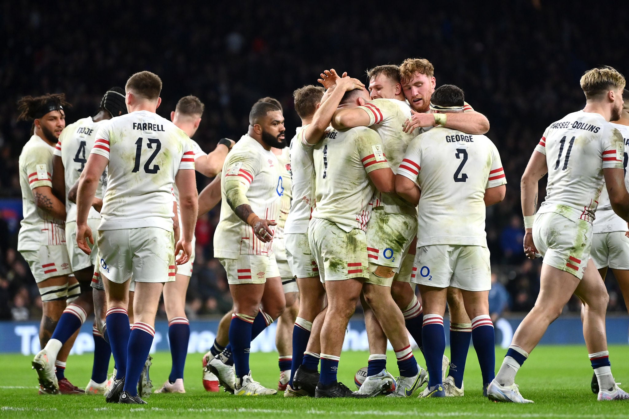 LONDON, ENGLAND - FEBRUARY 04: Ellis Genge of England celebrates with teammates scoring their sides third try during the Six Nations Rugby match between England and Scotland at Twickenham Stadium on February 04, 2023 in London, England. (Photo by Dan Mullan - RFU/The RFU Collection via Getty Images)