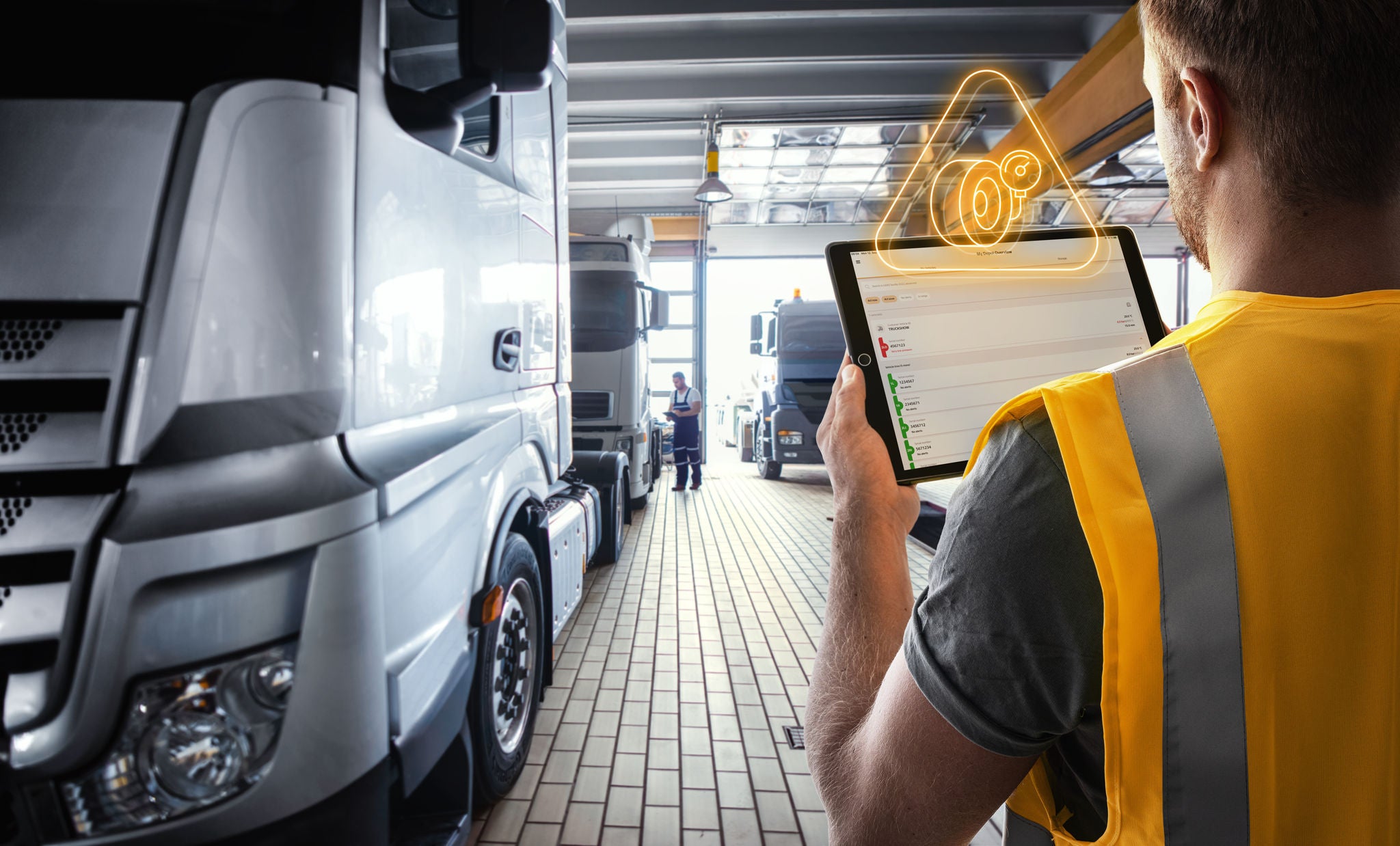 Truck repair shop interior with workers checking trucks.