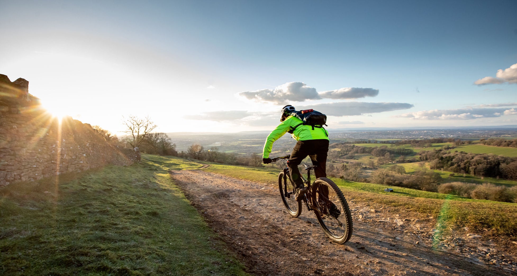 Mountain biker rides on a path